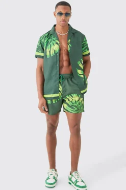 Regular Leaf Shirt & Swim Short Set | BoohooMAN UK