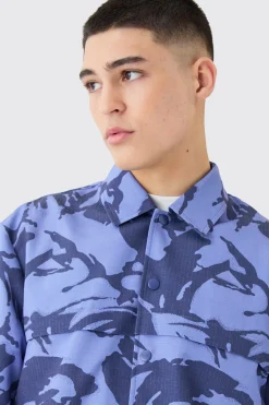 Regular Long Sleeve Ripstop Popper Camo Overshirt | BoohooMAN UK