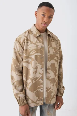 Regular Long Sleeve Ripstop Popper Camo Overshirt | BoohooMAN UK