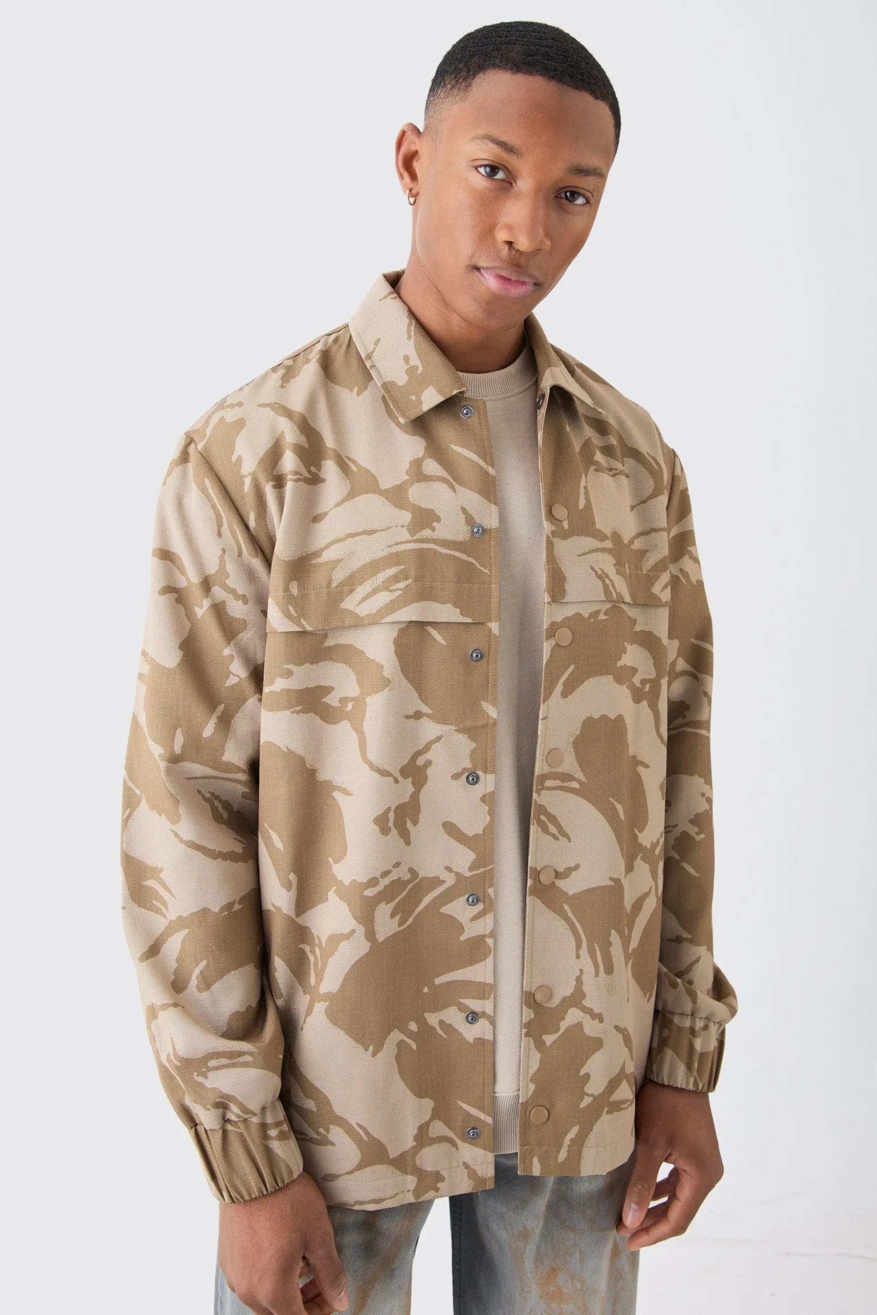 Regular Long Sleeve Ripstop Popper Camo Overshirt | BoohooMAN UK