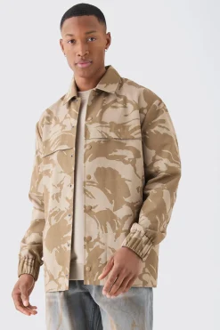 Regular Long Sleeve Ripstop Popper Camo Overshirt | BoohooMAN UK