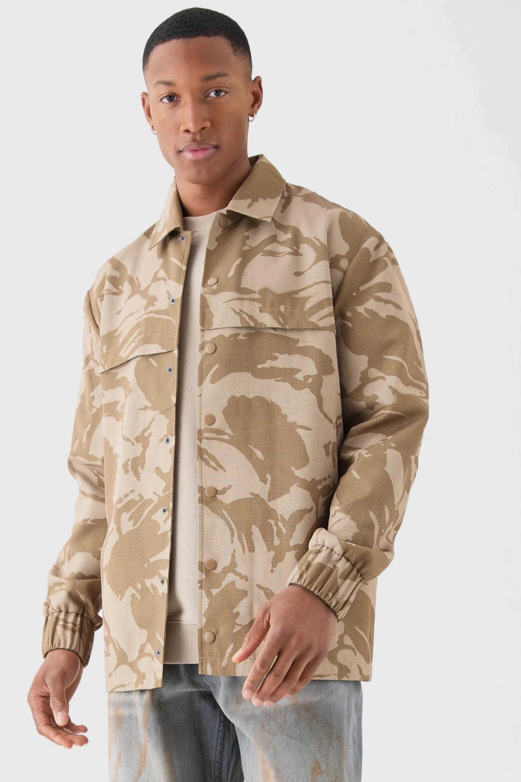 Regular Long Sleeve Ripstop Popper Camo Overshirt | BoohooMAN UK