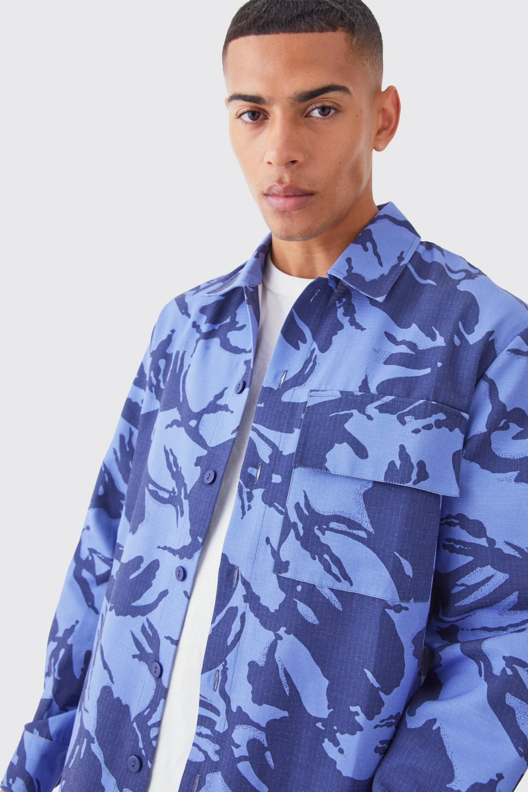 Regular Long Sleeve Ripstop Camo Overshirt | BoohooMAN UK
