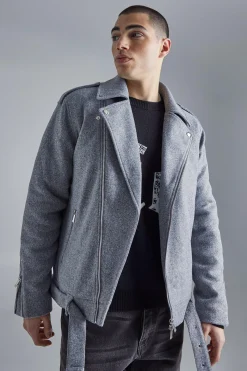 Regular Melton Biker Jacket | BoohooMAN UK