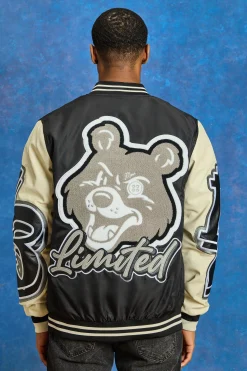 Regular Nylon And PU Teddy Badge Varsity | BoohooMAN UK