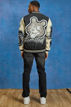 Regular Nylon And PU Teddy Badge Varsity | BoohooMAN UK