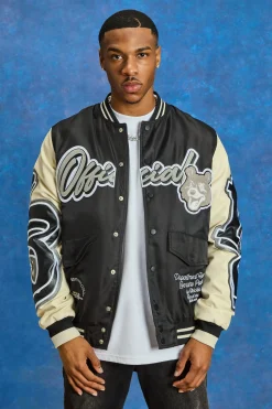 Regular Nylon And PU Teddy Badge Varsity | BoohooMAN UK
