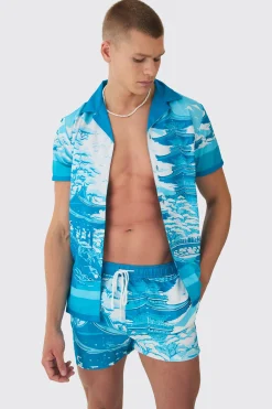 Regular Printed Shirt & Swim Short Set | BoohooMAN UK