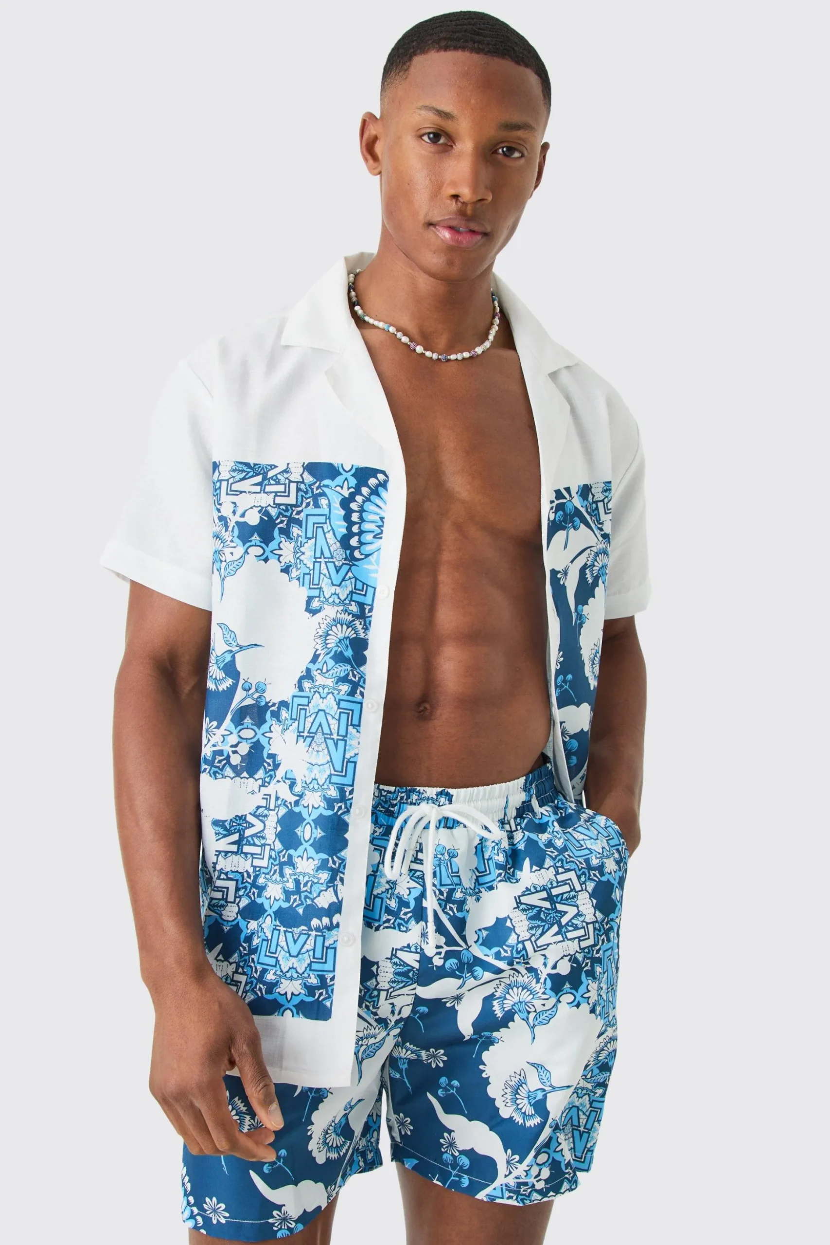 Regular Printed Shirt And Swim Short Set | BoohooMAN UK