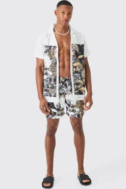 Regular Printed Shirt And Swim Short Set | BoohooMAN UK