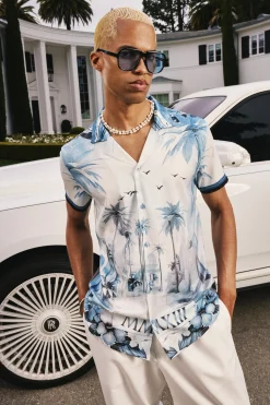 Regular Revere Palm Short Sleeve Shirt | BoohooMAN UK