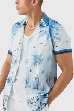 Regular Revere Palm Short Sleeve Shirt | BoohooMAN UK