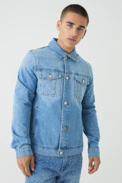 Regular Rhinestone Denim Jacket | BoohooMAN UK