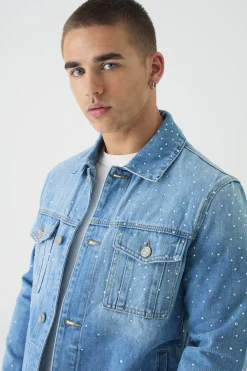 Regular Rhinestone Denim Jacket | BoohooMAN UK