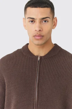 Regular Ribbed Fisherman Knit Bomber | BoohooMAN UK