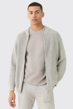Regular Ribbed Fisherman Knit Bomber | BoohooMAN UK
