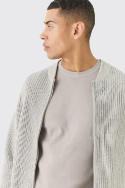 Regular Ribbed Fisherman Knit Bomber | BoohooMAN UK