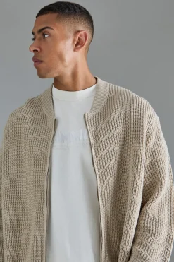 Regular Ribbed Fisherman Knit Bomber | BoohooMAN UK