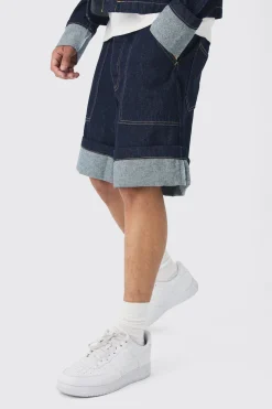 Regular Rigid Denim Turn Up Jorts In Indigo | BoohooMAN UK