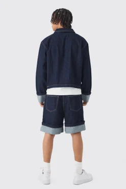Regular Rigid Denim Turn Up Jorts In Indigo | BoohooMAN UK