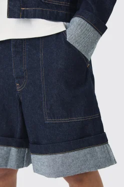 Regular Rigid Denim Turn Up Jorts In Indigo | BoohooMAN UK