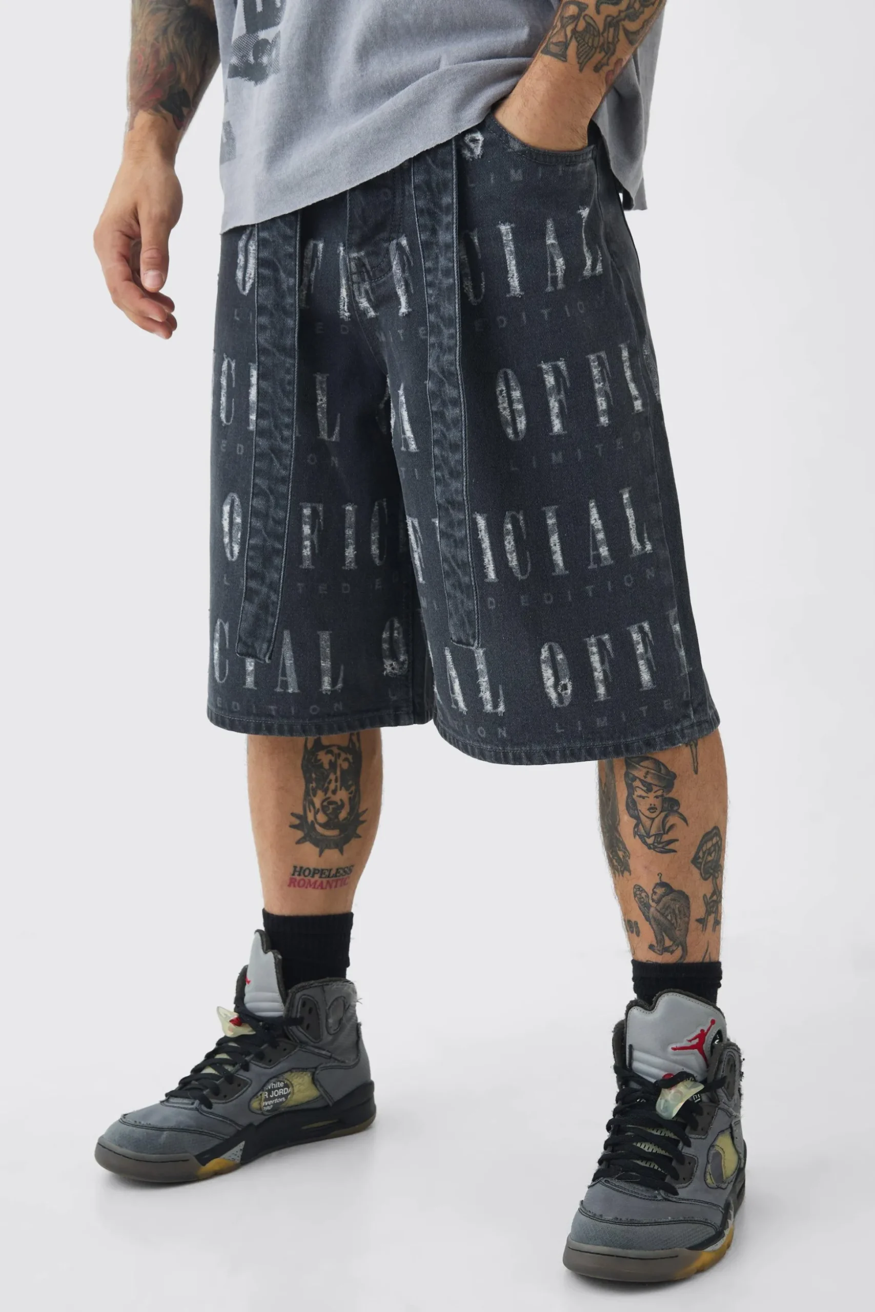 Regular Rigid Official Distressed Denim Jorts In Mid Grey | BoohooMAN UK