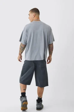 Regular Rigid Official Distressed Denim Jorts In Mid Grey | BoohooMAN UK