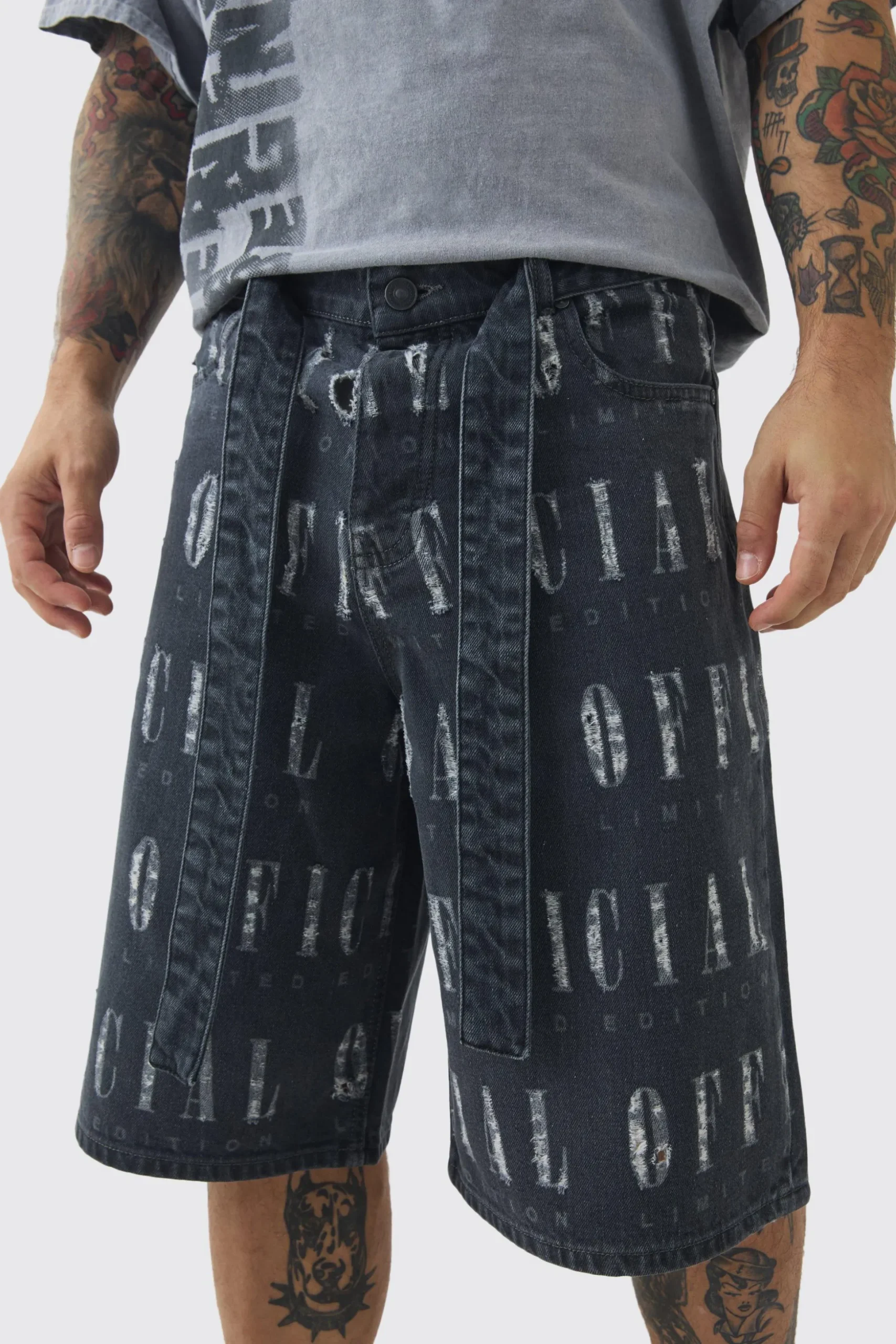 Regular Rigid Official Distressed Denim Jorts In Mid Grey | BoohooMAN UK