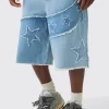 Regular Rigid Star Applique Denim Jorts In Ice Blue | BoohooMAN UK