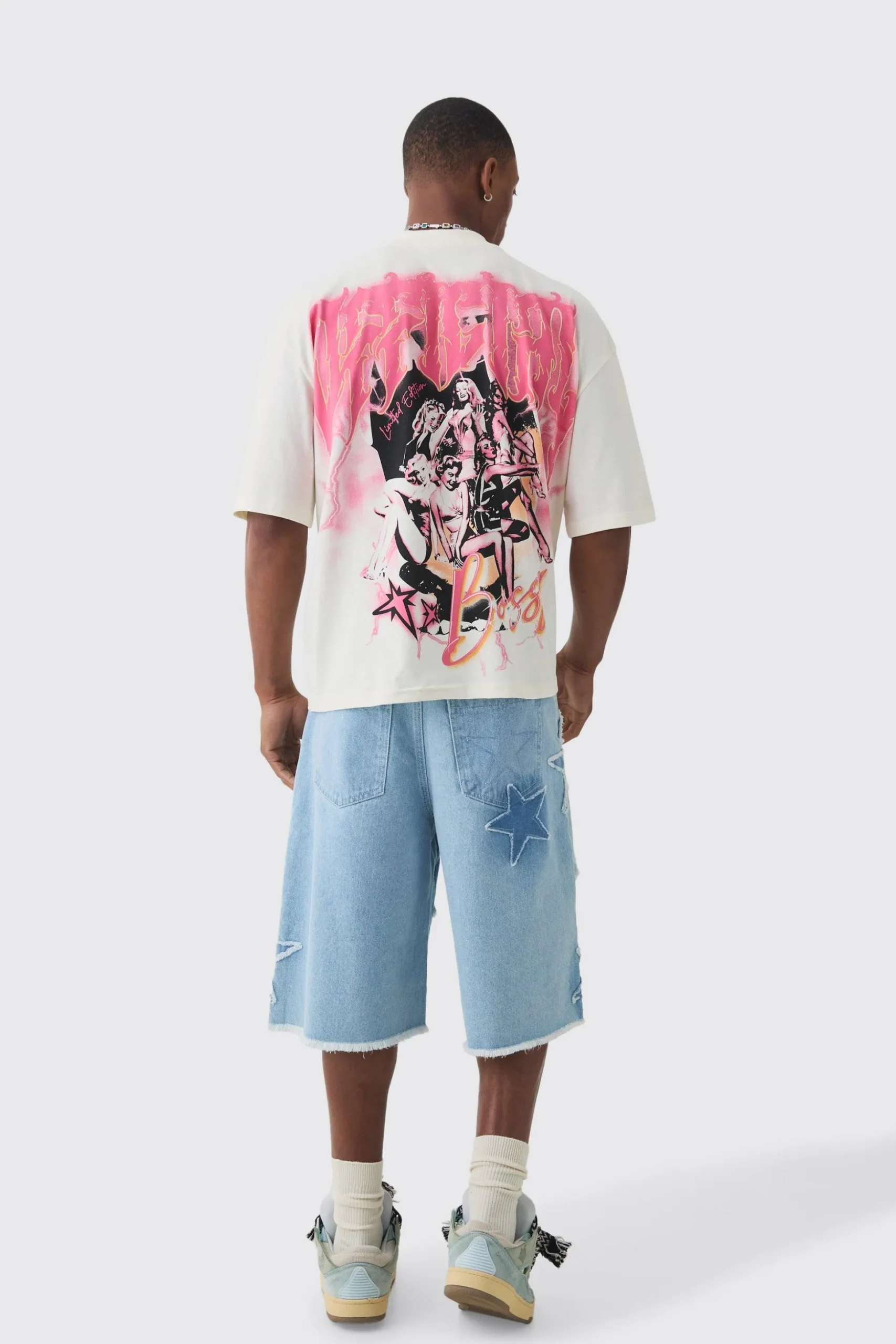 Regular Rigid Star Applique Denim Jorts In Ice Blue | BoohooMAN UK