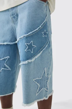 Regular Rigid Star Applique Denim Jorts In Ice Blue | BoohooMAN UK