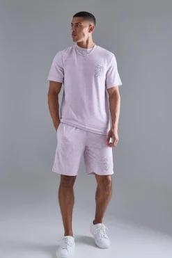 Regular Towelling Pearl Embroidered T-shirt And Short Set | BoohooMAN UK