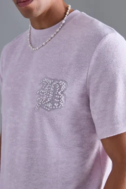 Regular Towelling Pearl Embroidered T-shirt And Short Set | BoohooMAN UK
