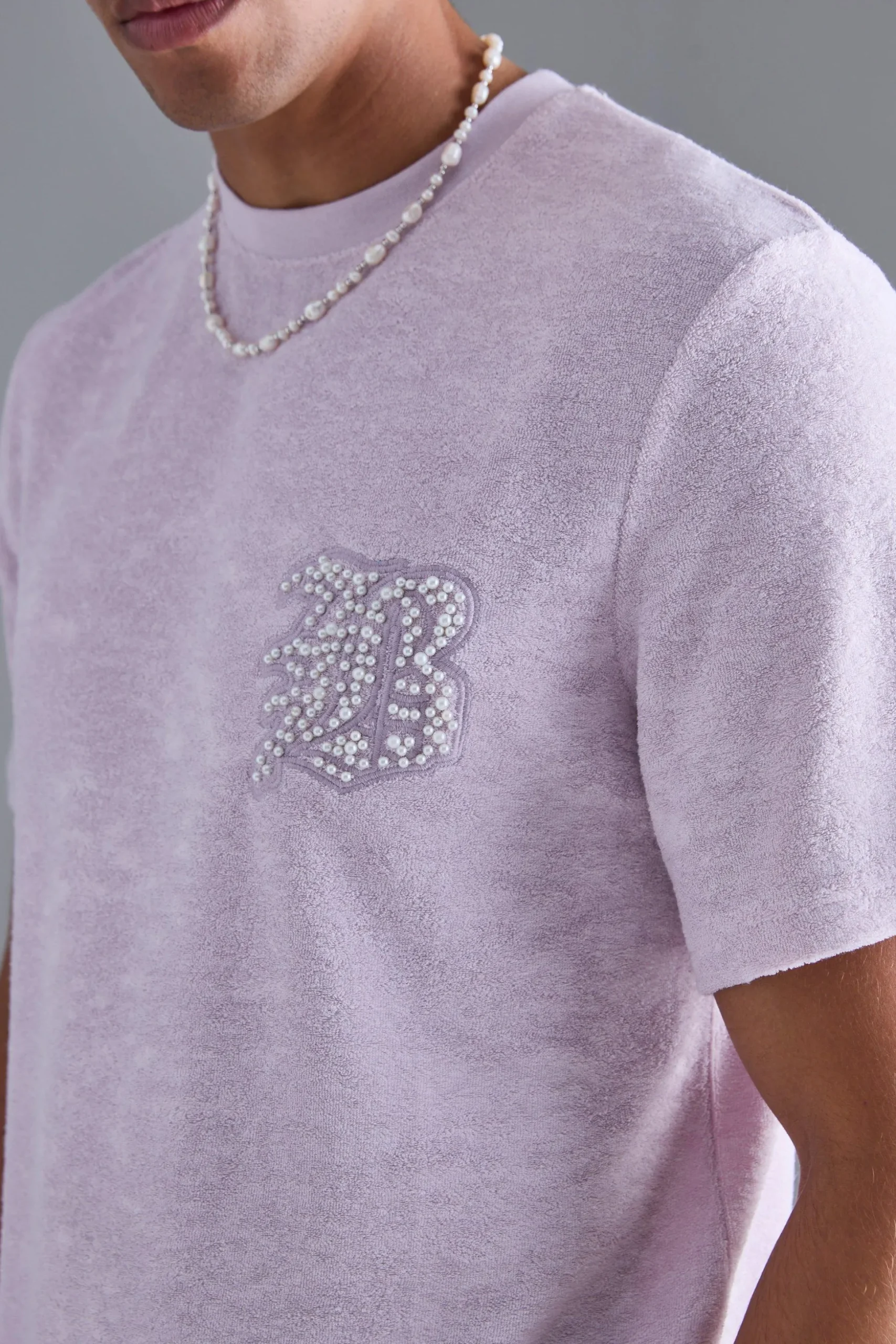Regular Towelling Pearl Embroidered T-shirt And Short Set | BoohooMAN UK