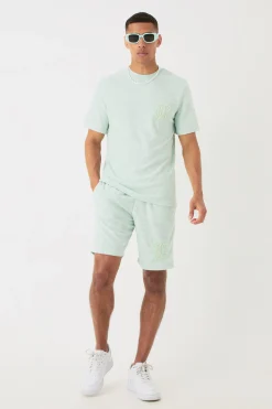 Regular Towelling Pearl Embroidered T-shirt And Short Set | BoohooMAN UK