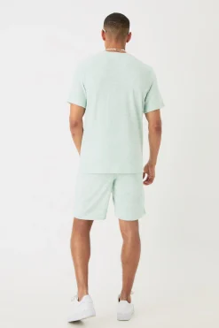 Regular Towelling Pearl Embroidered T-shirt And Short Set | BoohooMAN UK