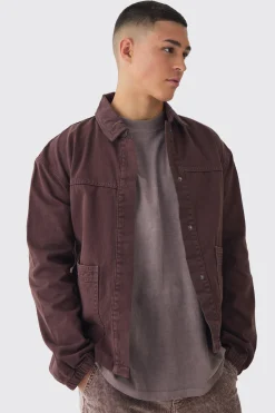 Regular Twill Embroidered Overshirt With Cord Collar | BoohooMAN UK