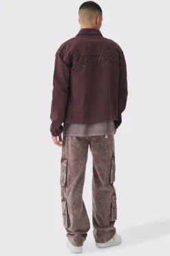 Regular Twill Embroidered Overshirt With Cord Collar | BoohooMAN UK