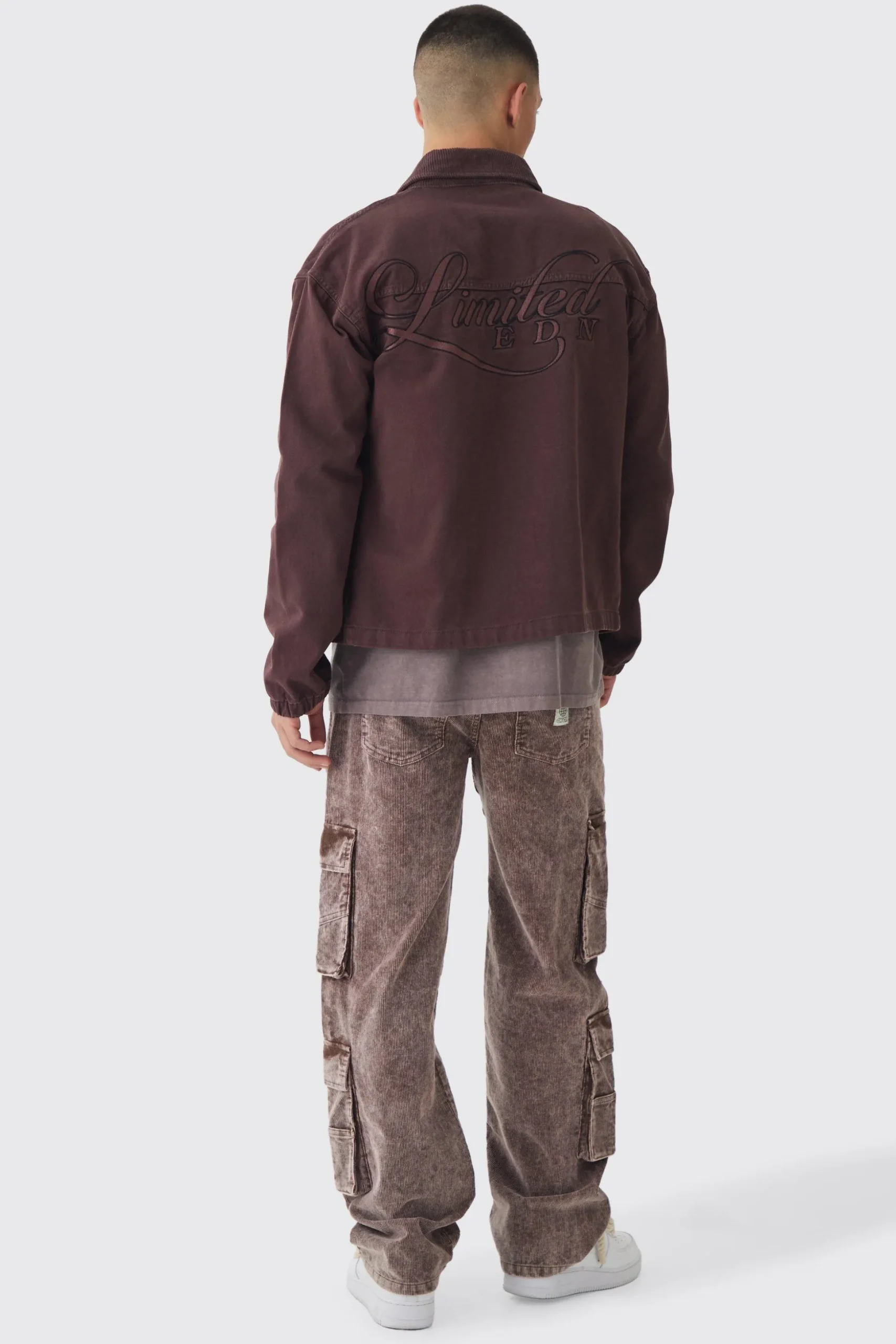 Regular Twill Embroidered Overshirt With Cord Collar | BoohooMAN UK