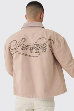 Regular Twill Embroidered Overshirt With Cord Collar | BoohooMAN UK