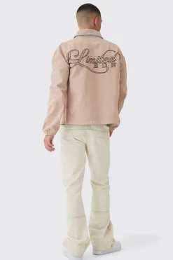 Regular Twill Embroidered Overshirt With Cord Collar | BoohooMAN UK