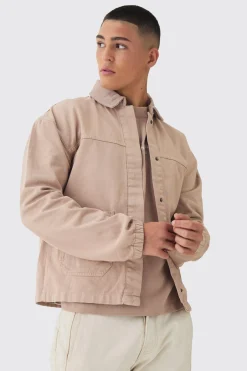 Regular Twill Embroidered Overshirt With Cord Collar | BoohooMAN UK