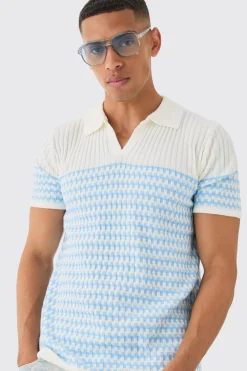 Regular V Neck Stripe Knitted Polo | BoohooMAN UK