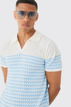 Regular V Neck Stripe Knitted Polo | BoohooMAN UK