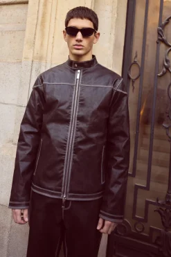 Regular Washed Seam Detail Pu Biker | BoohooMAN UK