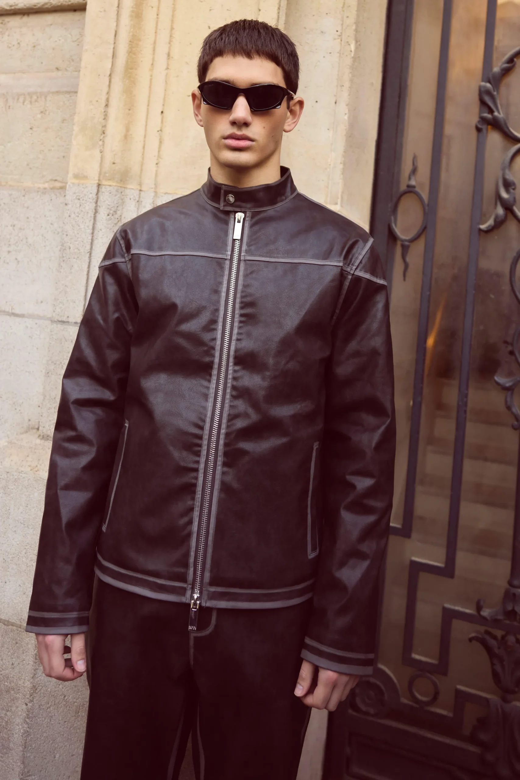 Regular Washed Seam Detail Pu Biker | BoohooMAN UK