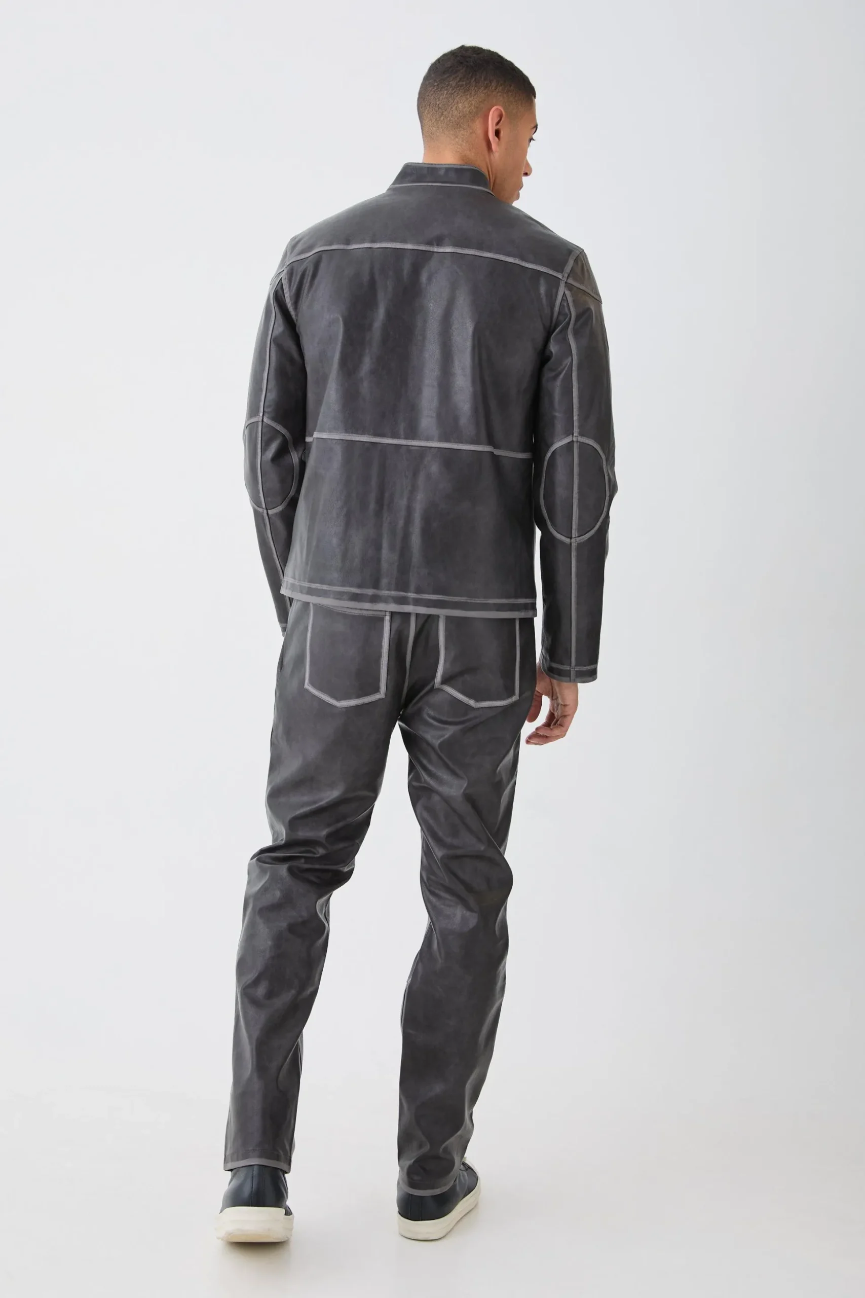 Regular Washed Seam Detail Pu Biker | BoohooMAN UK