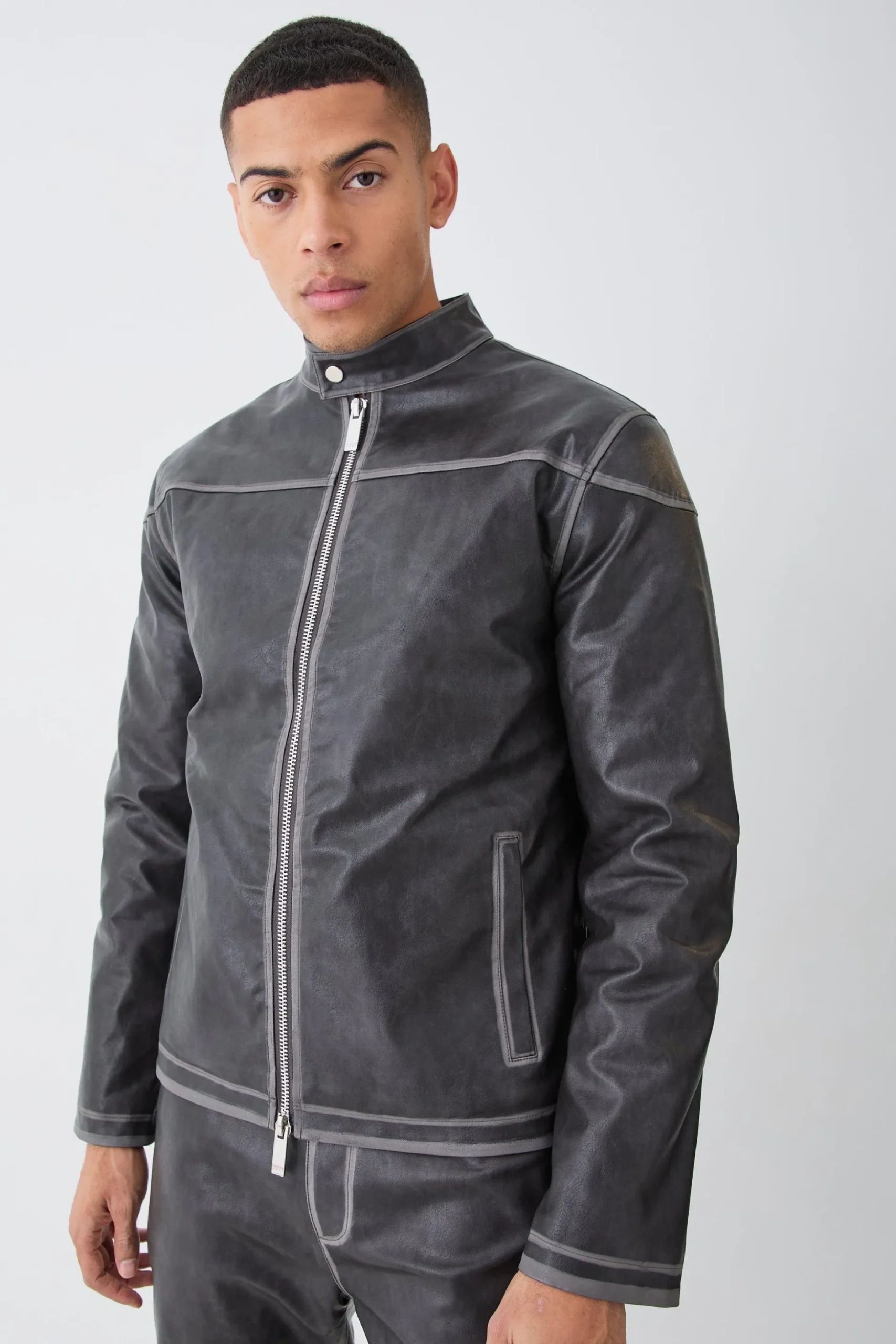 Regular Washed Seam Detail Pu Biker | BoohooMAN UK
