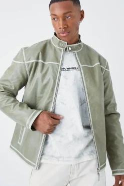 Regular Washed Seam Detail Pu Biker | BoohooMAN UK