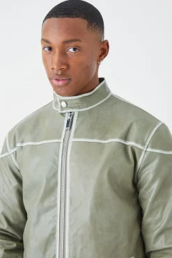 Regular Washed Seam Detail Pu Biker | BoohooMAN UK